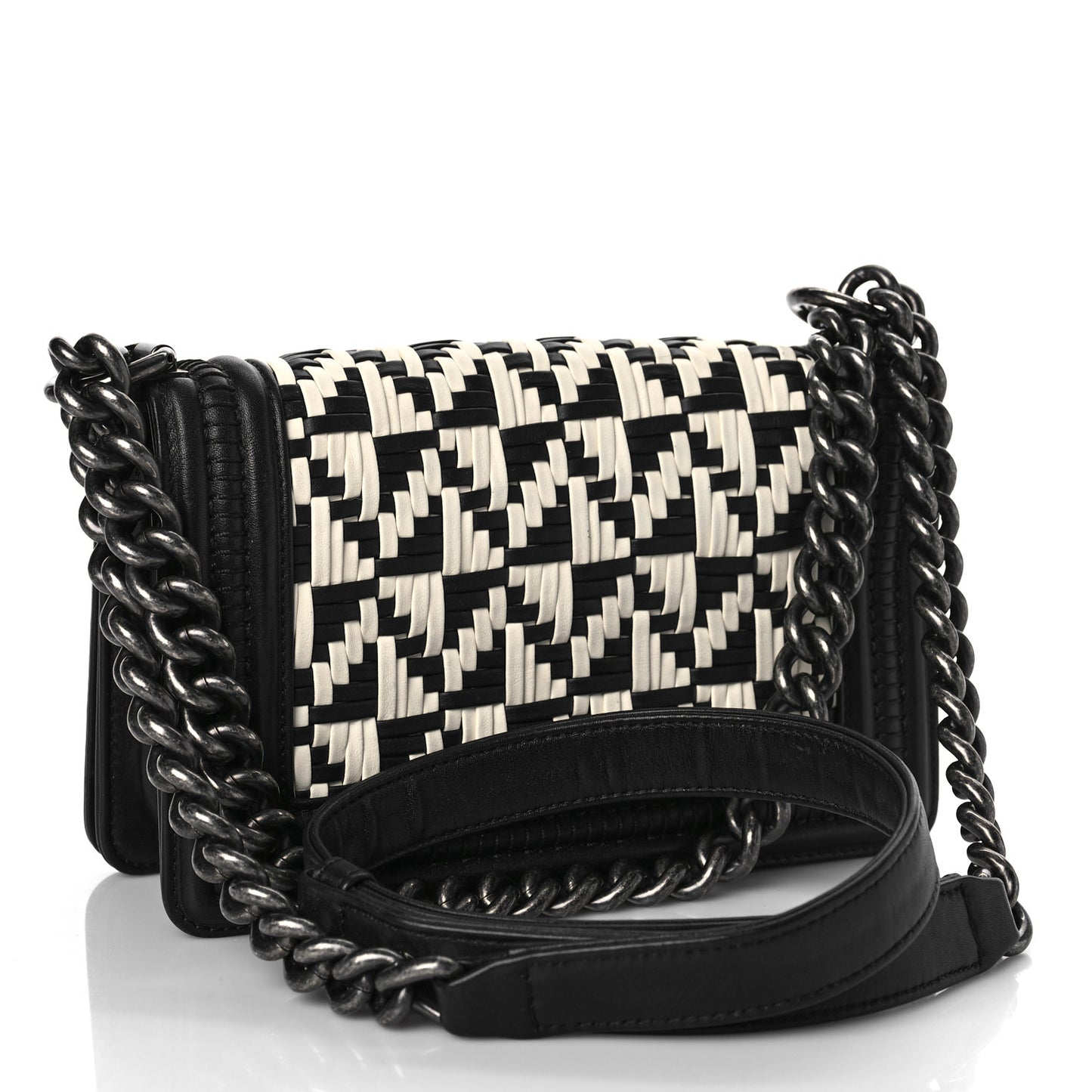 Calfskin Woven Small Boy Flap Black White
