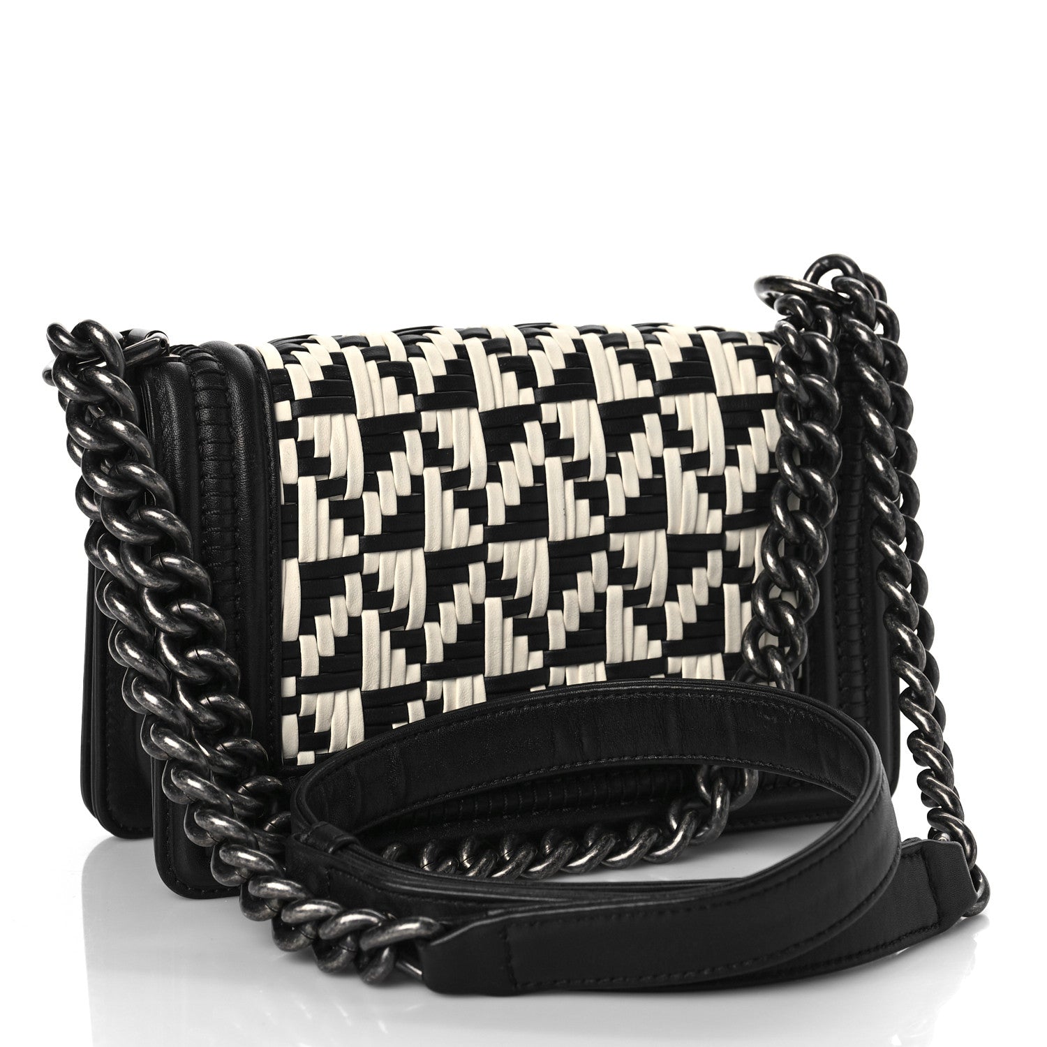 Chanel Calfskin Woven Small Boy Flap Black White 3 of 17