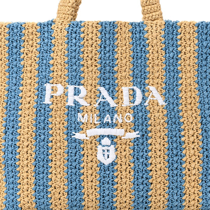 Prada Yarn Raffia Effect Crochet Striped Large Logo Tote Naturale Celeste 8 of 10