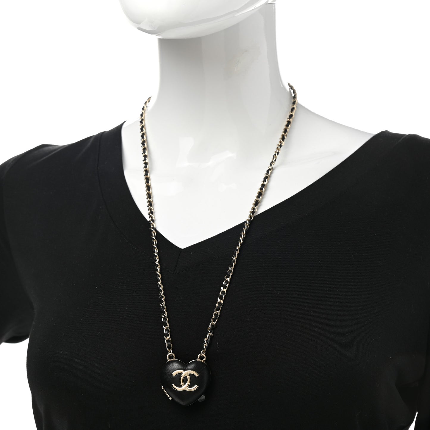 Lambskin CC Heart Mirror Locket Necklace Gold Black