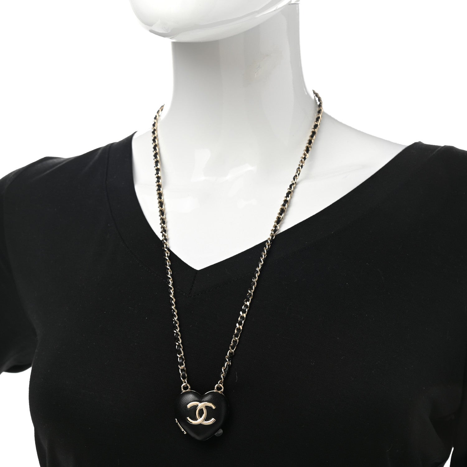 Chanel Lambskin CC Heart Mirror Locket Necklace Gold Black 2 of 8