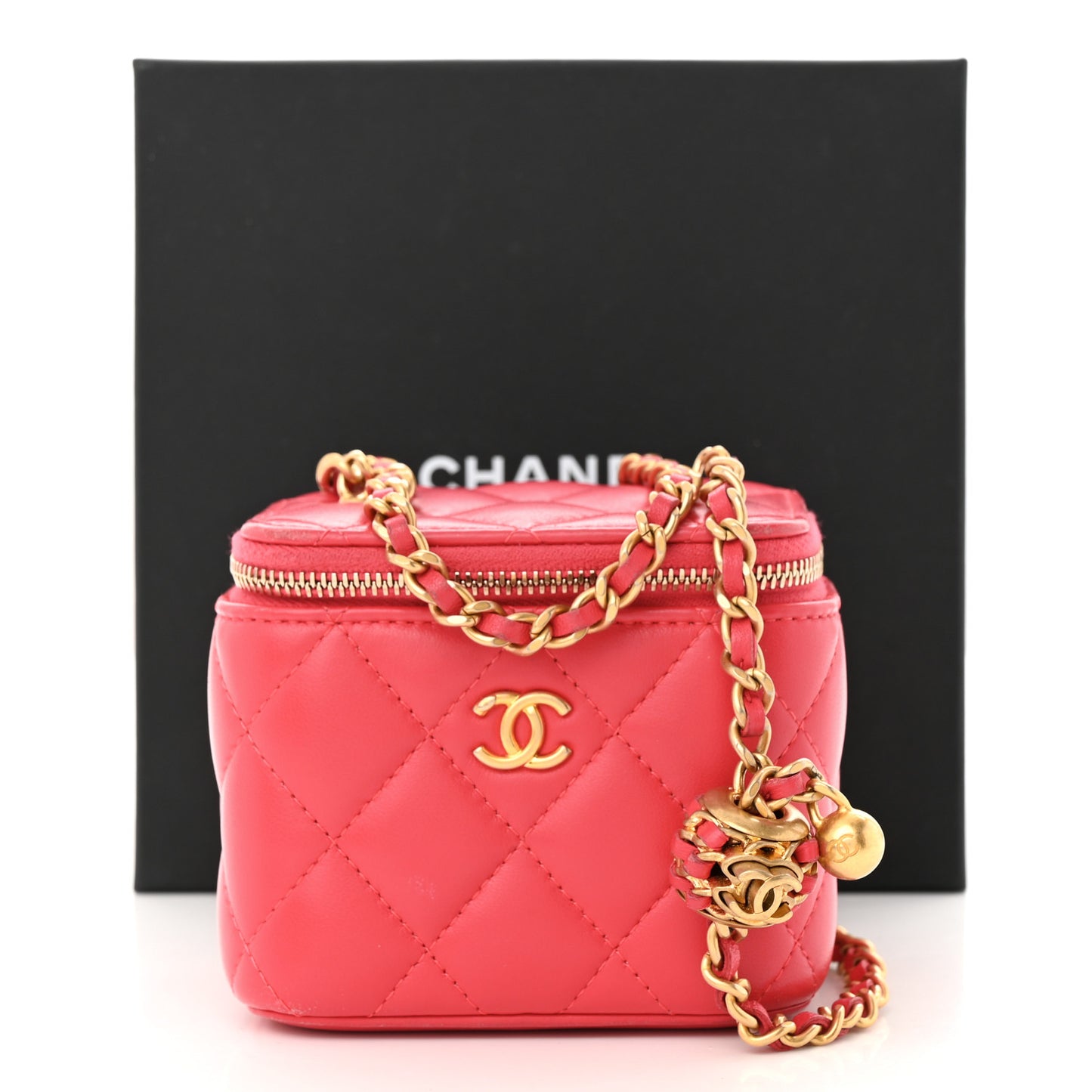 Lambskin Quilted Pearl Crush Mini Vanity Case With Chain Dark Pink
