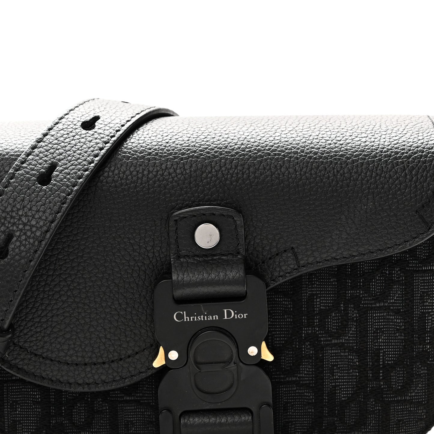 Oblique Jacquard Grained Calfskin Mini Saddle Messenger Bag With Flap Black