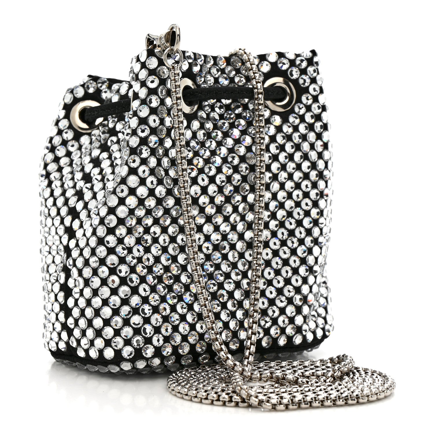 Prada Satin Crystal Metal Triangle Logo Mini Drawcord Pouch Shoulder Bag Crystal 3 of 11