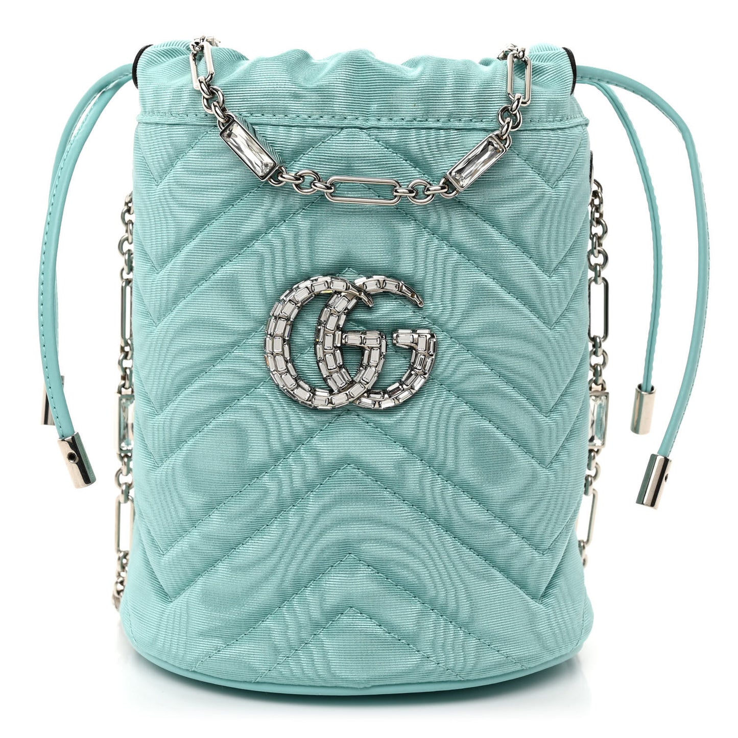 Moire Fabric Calfskin Crystal Matelasse Mini GG Marmont 2.0 Bucket Bag Dark Ocean Wave Crystal