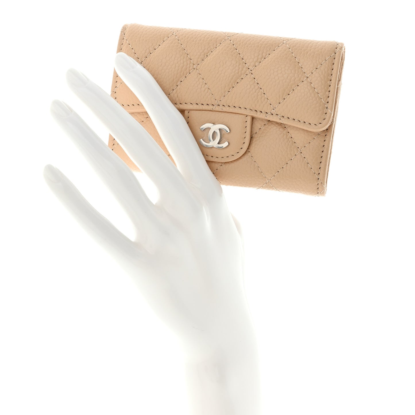 Caviar Quilted Flap Card Holder Wallet Beige