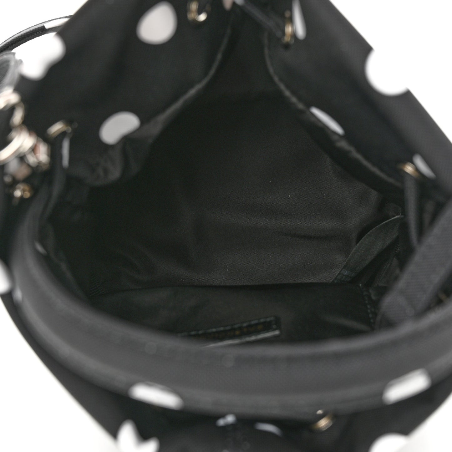 Recycled Sport Nylon Polka Dot Logo Embroidered Wheel Drawstring Bucket Bag XS Black White