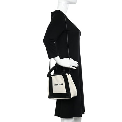 Balenciaga Cotton Canvas Calfskin Navy Cabas XS Natural Black 2 of 13