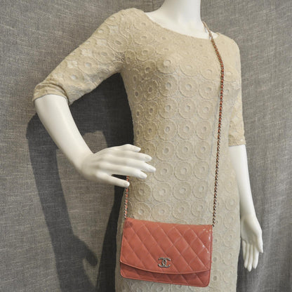 Chanel Patent Quilted Wallet On Chain WOC Coral 2 of 10