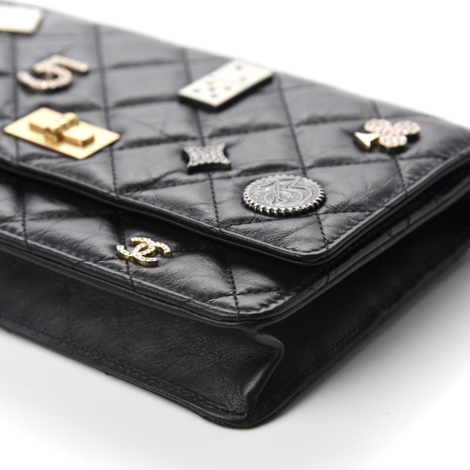 Chanel Aged Calfskin Quilted Lucky Charms Casino 2.55 Reissue Wallet On Chain WOC Black 7 of 12