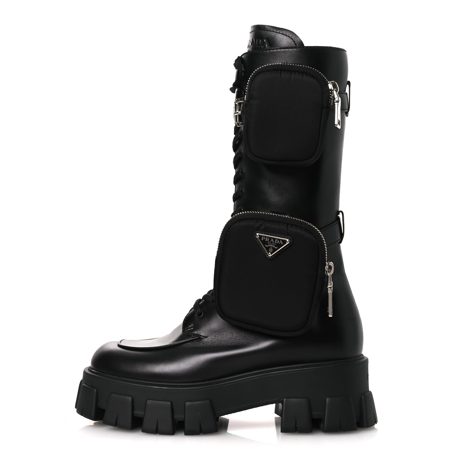 Prada Vitello Lux Nylon Metal Triangle Logo Monolith Pouch Pocket 55mm Tall Combat Boots 38.5 Black 1 of 12