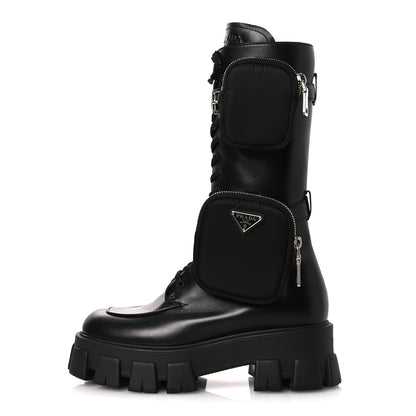 Prada Vitello Lux Nylon Metal Triangle Logo Monolith Pouch Pocket 55mm Tall Combat Boots 38.5 Black 1 of 12