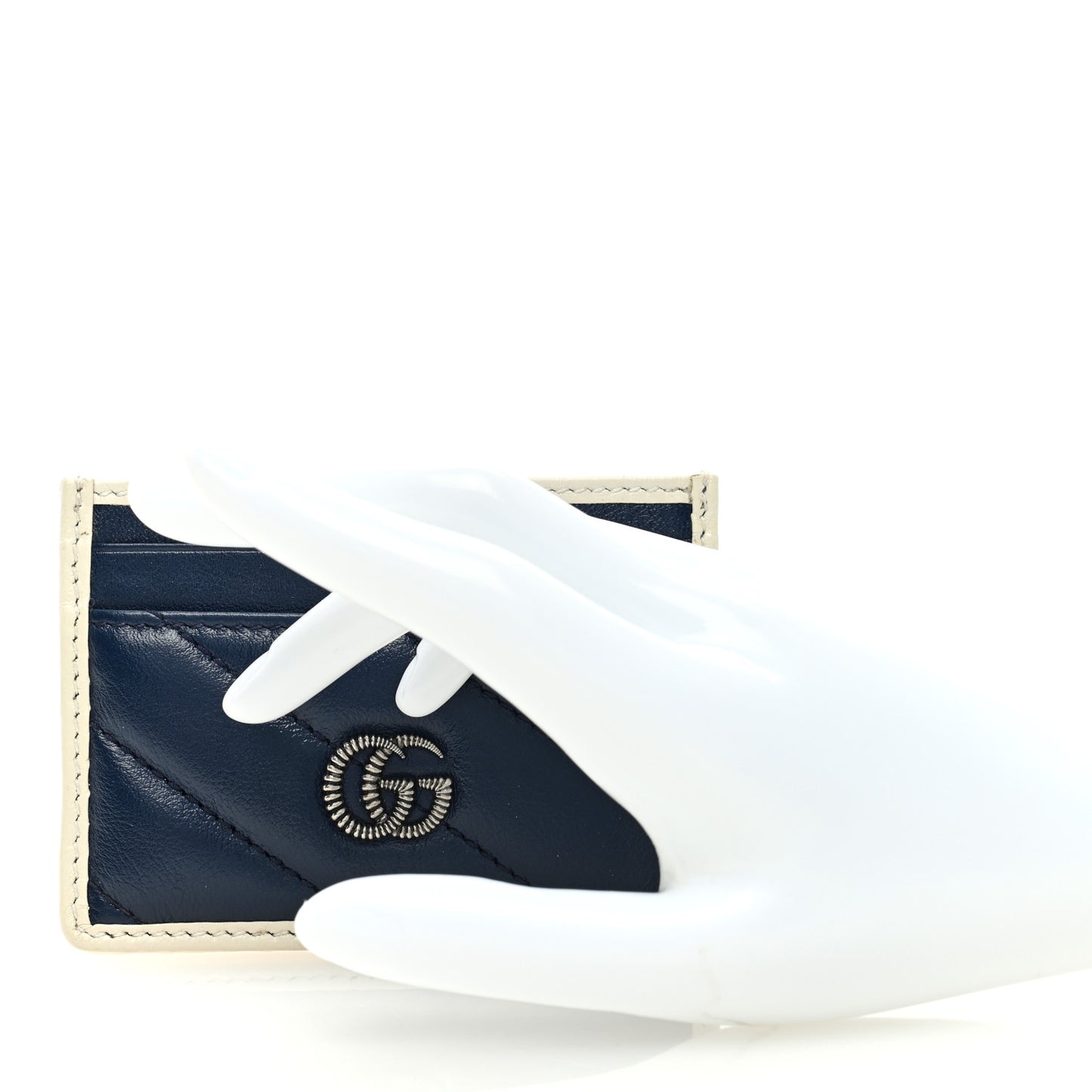 Vintage Effect Calfskin Matelasse Diagonal Torchon GG Marmont Card Holder Blue Agata Mystic White