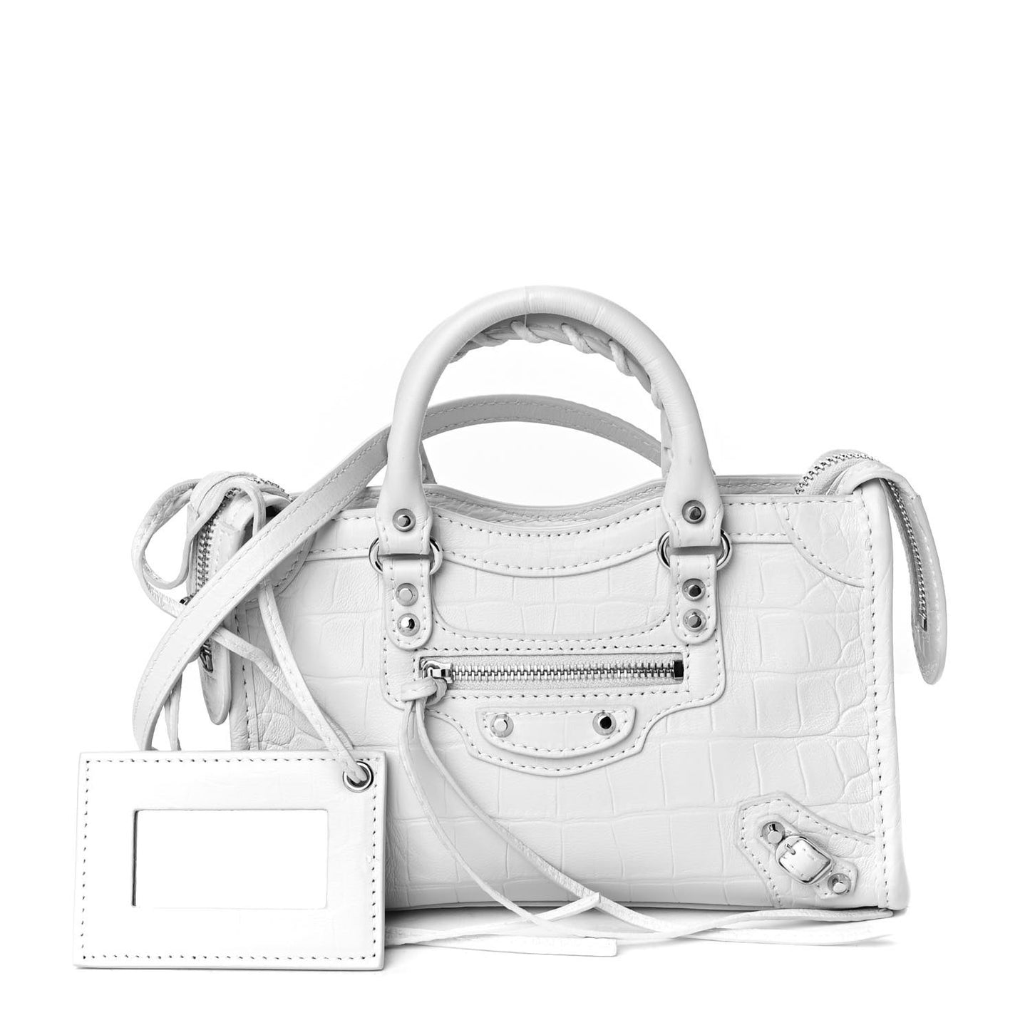 Matte Supple Lambskin Crocodile Embossed Classic Silver Hardware Nano City White
