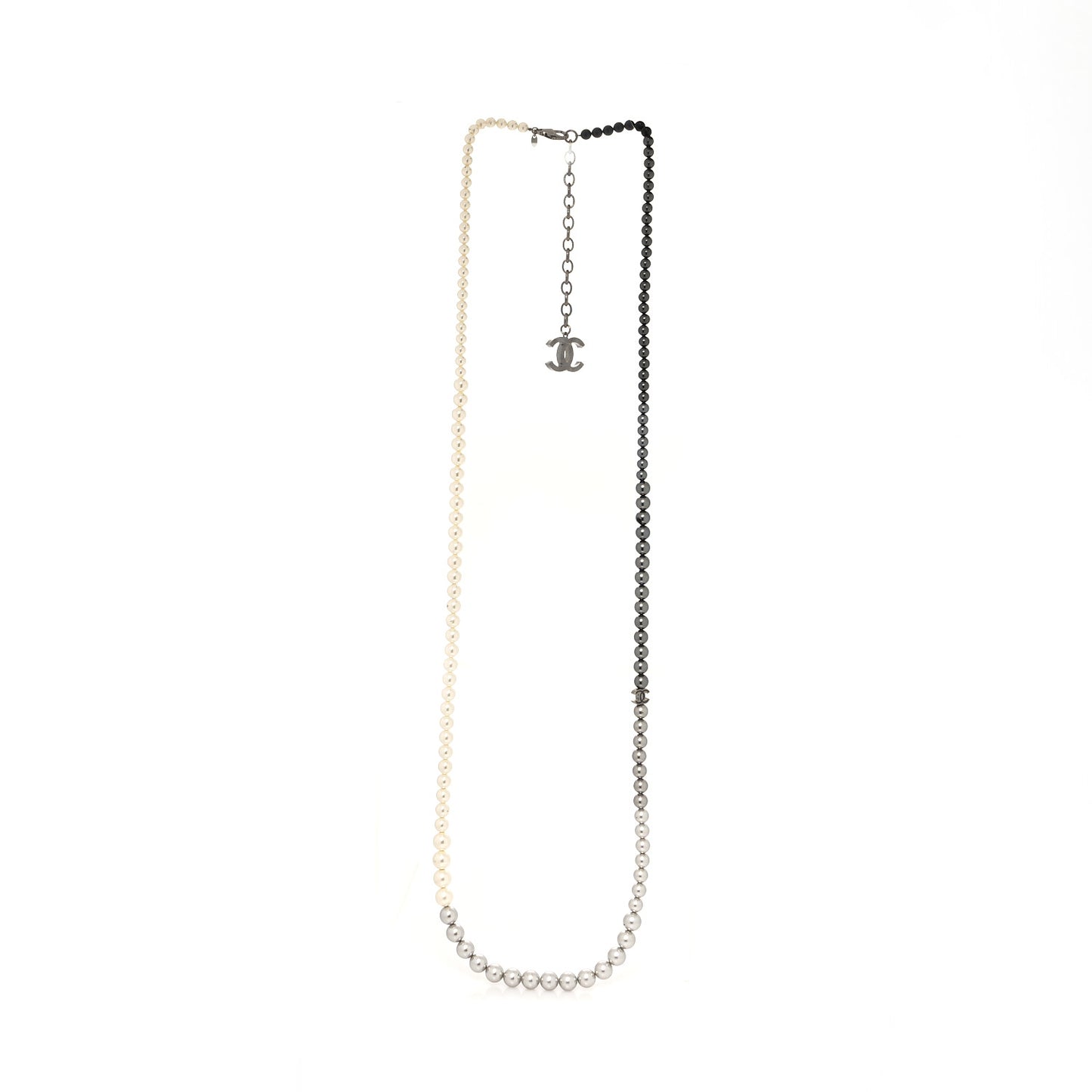 Graduated Pearl CC Long Necklace Ruthenium Grey Black
