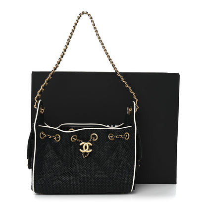 Chanel Braided Raffia Calfskin Quilted Mini Chanel 25 Handbag Black White 11 of 11