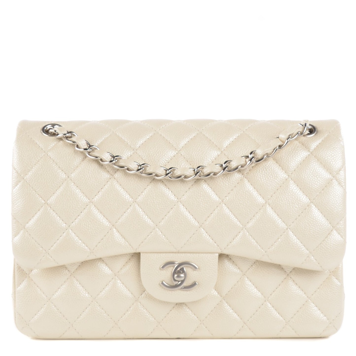 Pearly Caviar Quilted Jumbo Double Flap Dark White