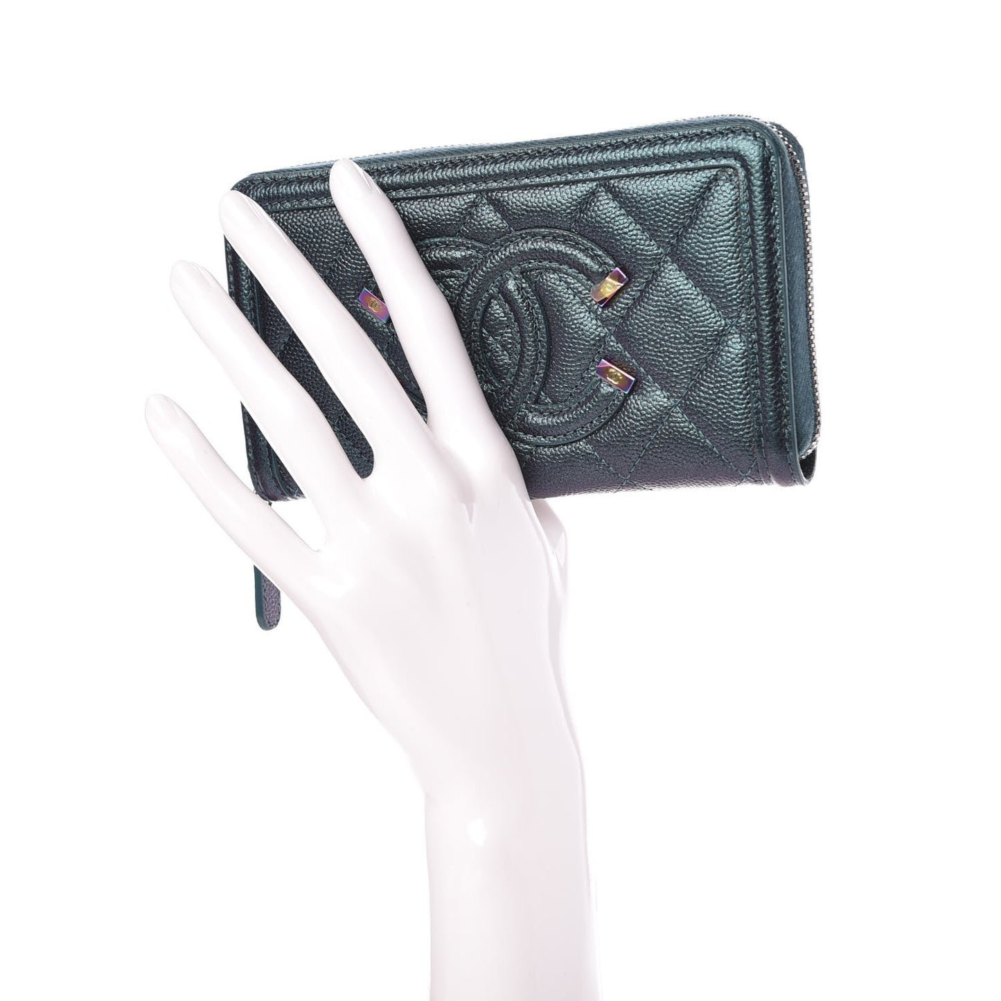 Iridescent Caviar Quilted Medium Filigree Zip Around Wallet Dark Turquoise