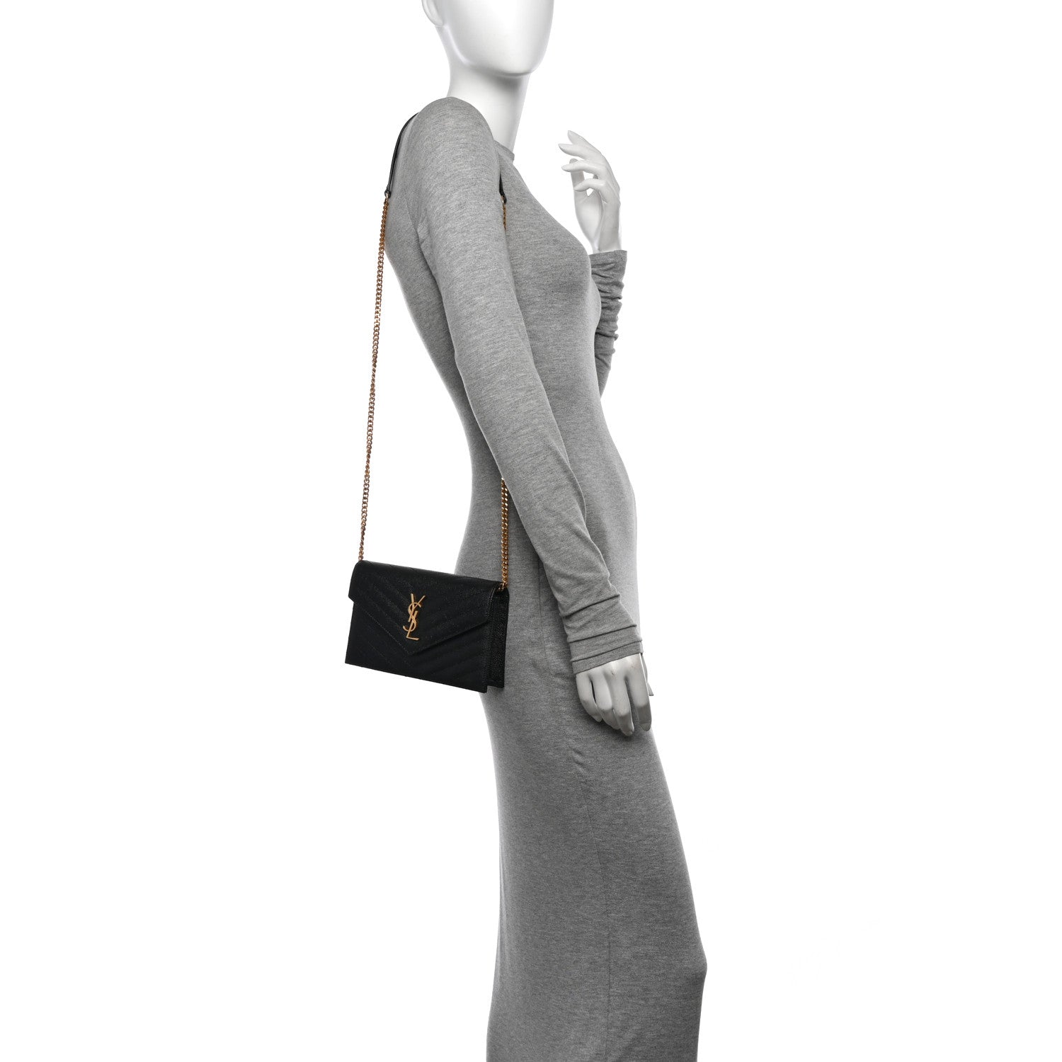 Saint Laurent Grain De Poudre Matelasse Chevron Monogram Envelope Chain Wallet Black 2 of 10