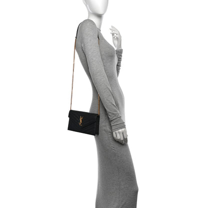 Saint Laurent Grain De Poudre Matelasse Chevron Monogram Envelope Chain Wallet Black 2 of 10