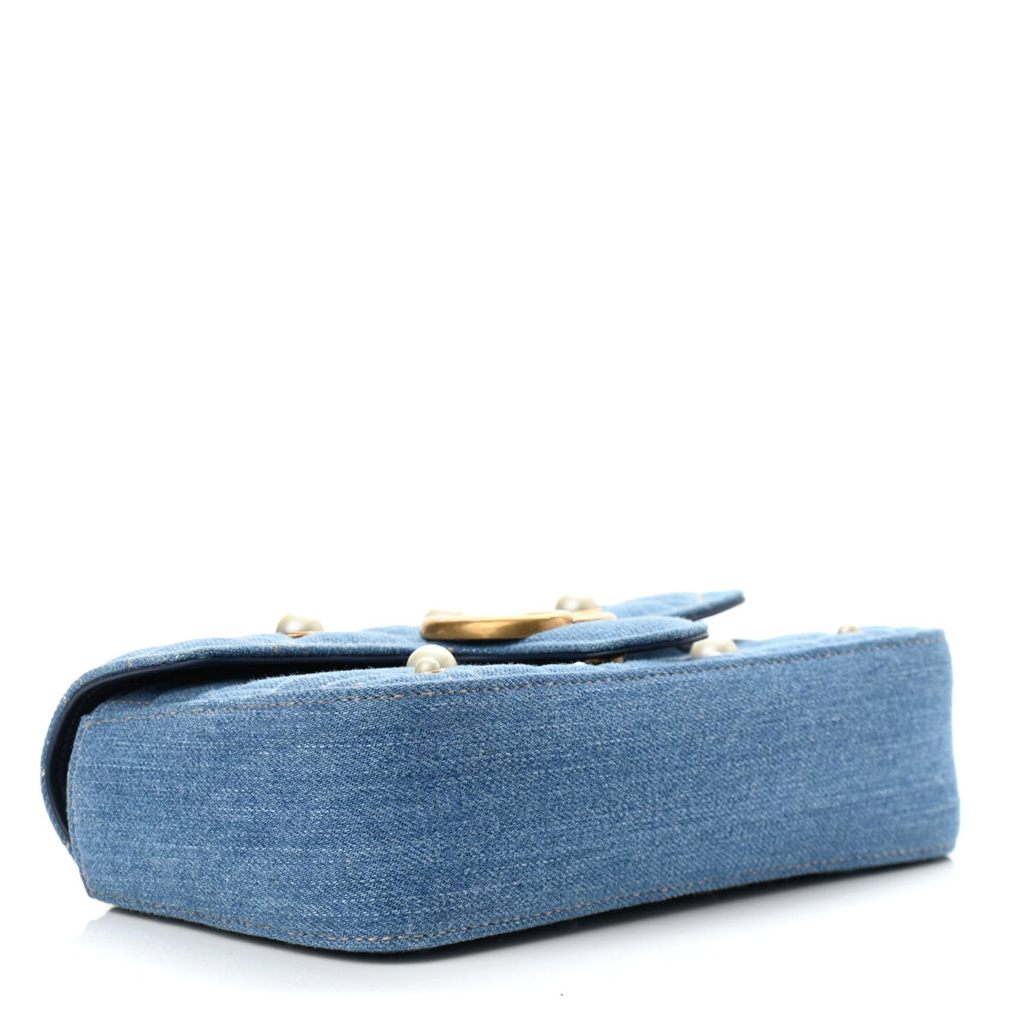 Denim Matelasse Pearl Studded Mini GG Marmont Shoulder Bag Blue