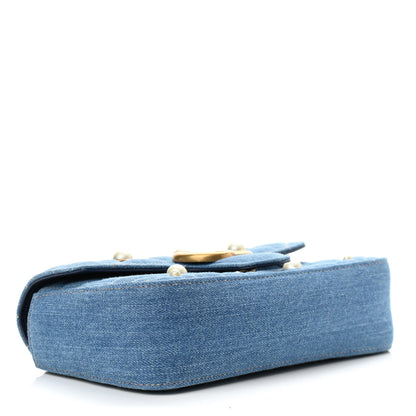 Gucci Denim Matelasse Pearl Studded Mini GG Marmont Shoulder Bag Blue 4 of 11
