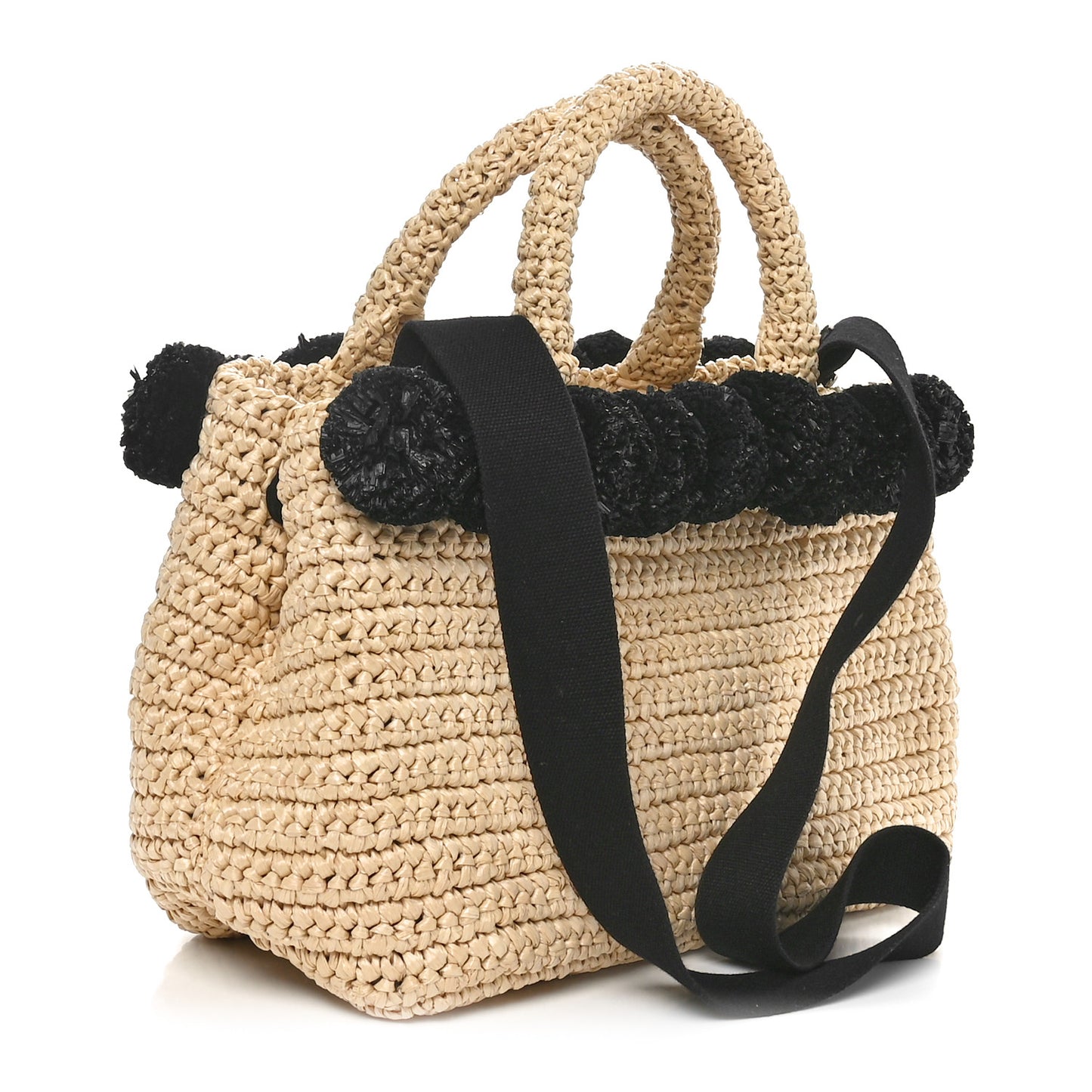 Raffia Crochet Giardiniera Pom Pom Tote Naturale Black