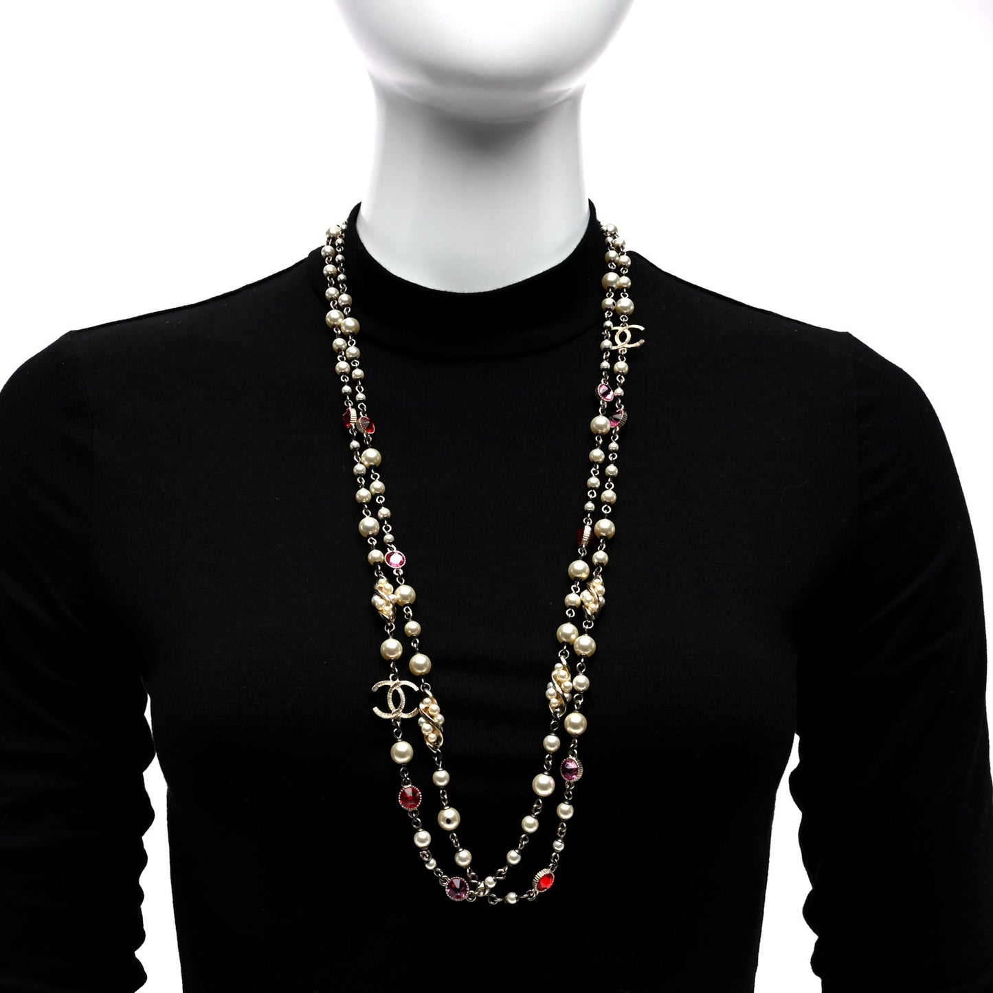 Pearl Crystal CC Long Necklace Gold Multicolor
