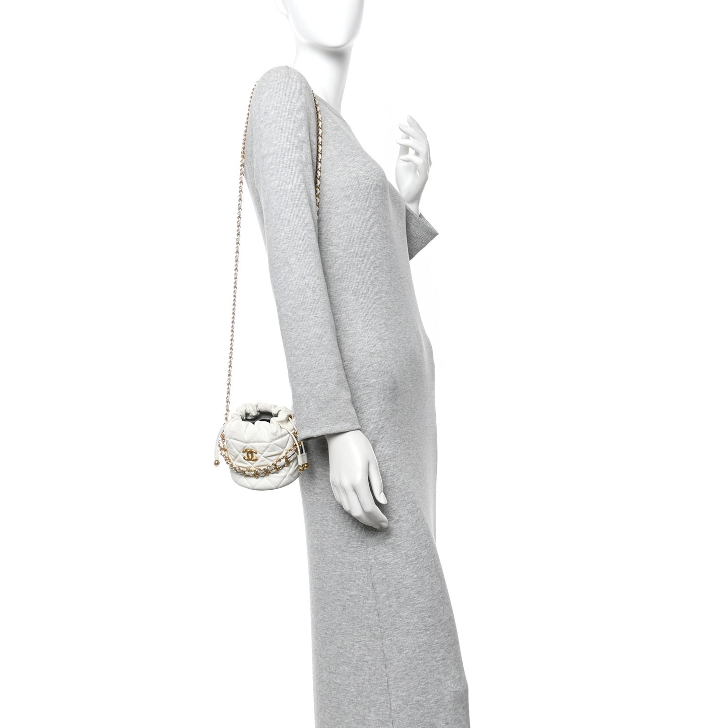 Caviar Quilted Coco First Bucket Clutch With Chain White
