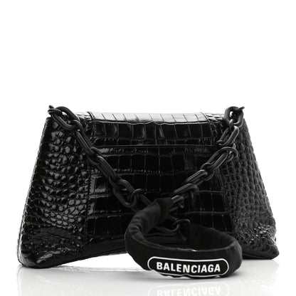Balenciaga Calfskin Crocodile Embossed Monochrome S Downtown Chain Shoulder Bag Black 3 of 11