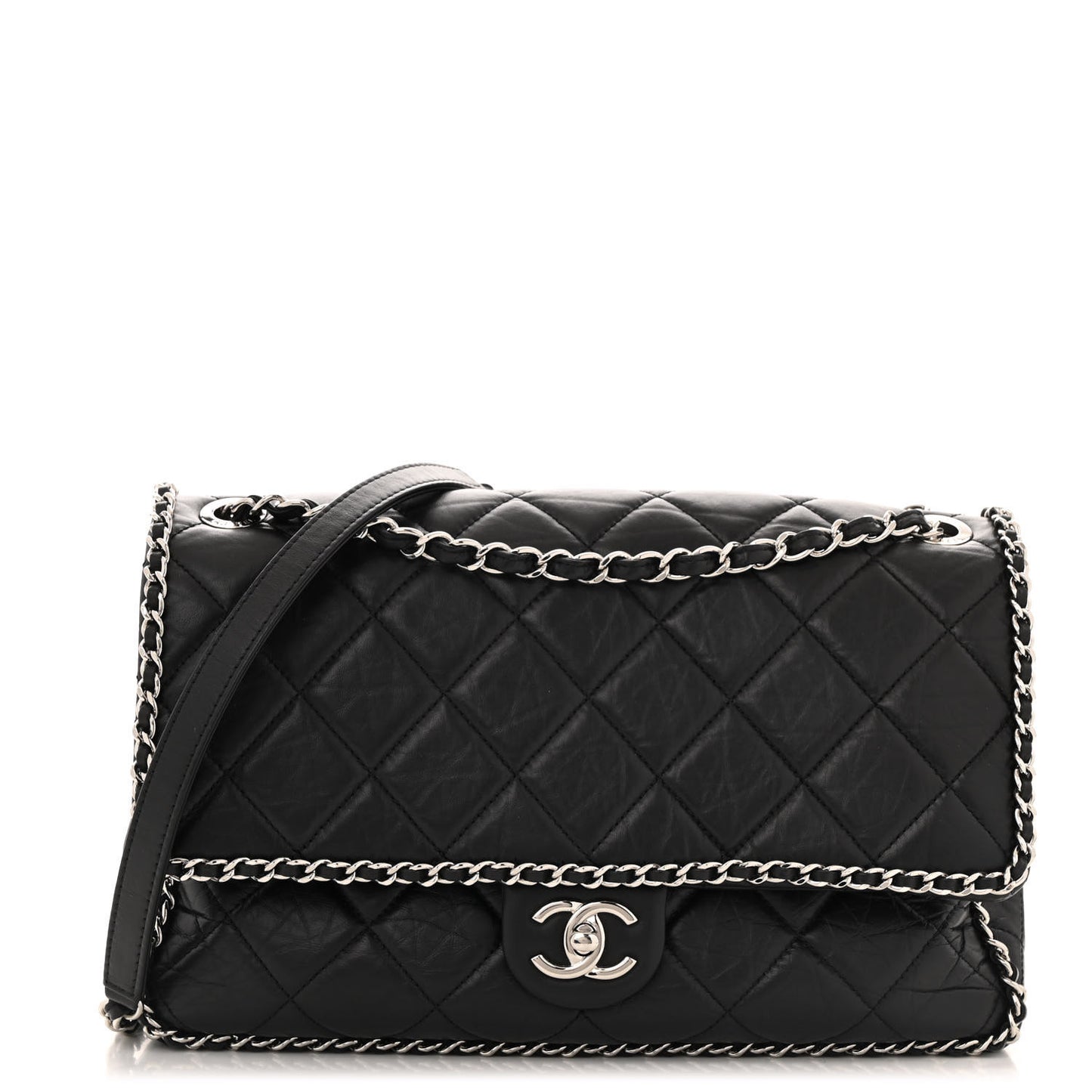 Crumpled Calfskin Quilted Large Chain All Over Flap Bag Black