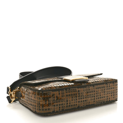 Fendi Fabric Jacquard Paillettes Vitello Seta FF 1974 Baguette Testa di Moro Real Ebano 4 of 10