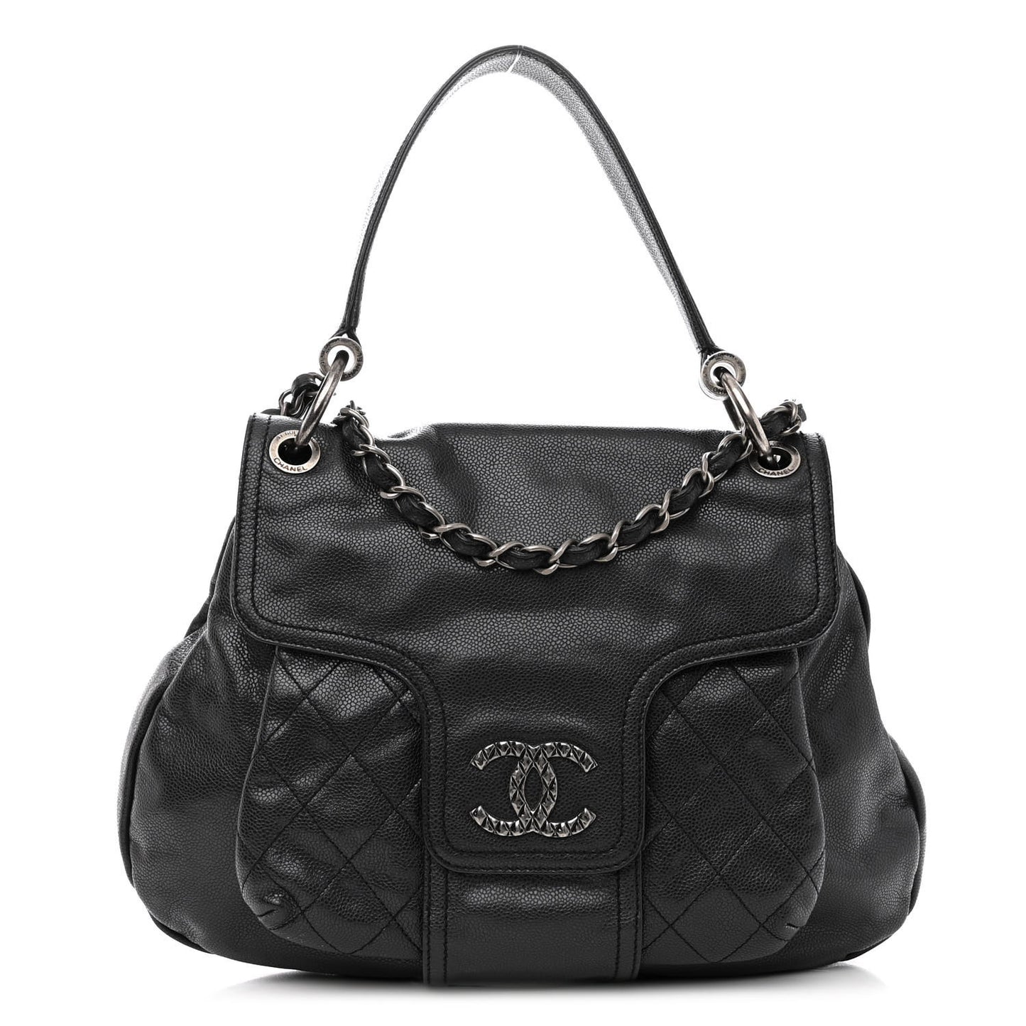 Glazed Caviar Coco Rider Flap Hobo Dark Grey