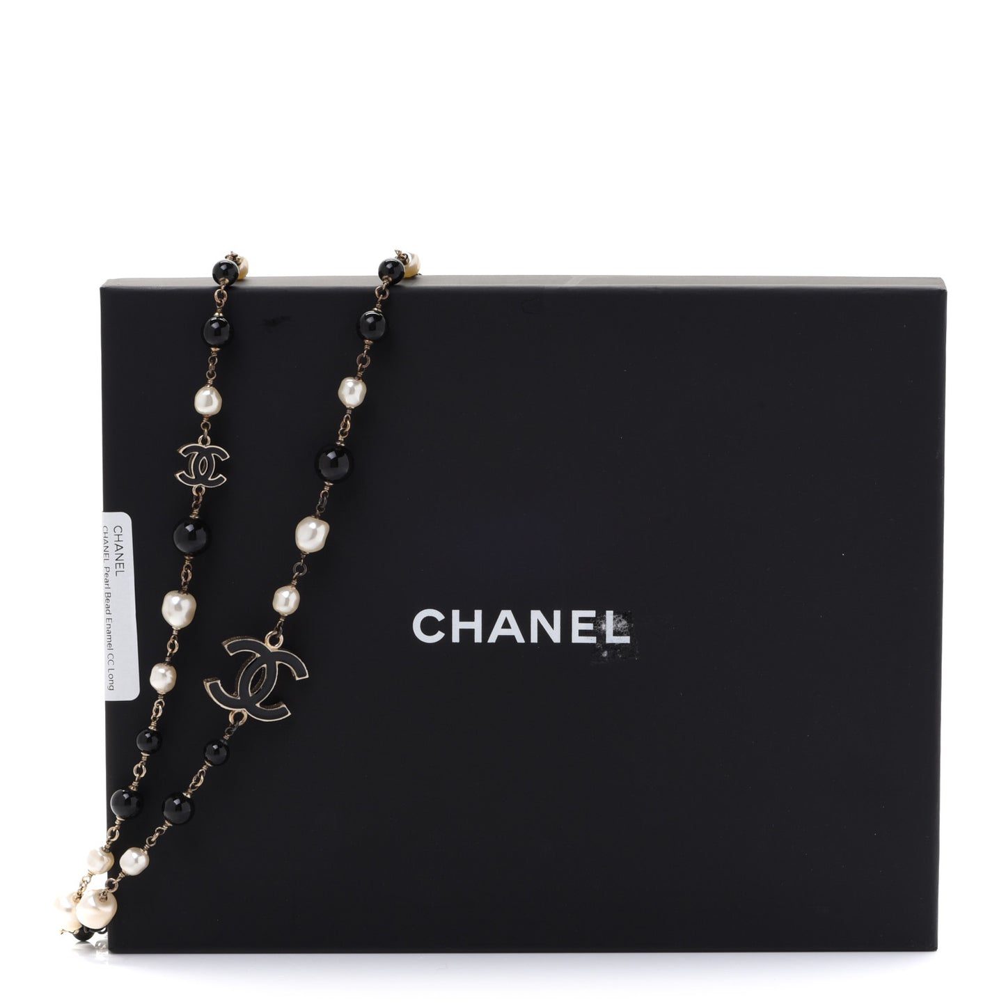 Pearl Bead Enamel CC Long Necklace Black Light Gold