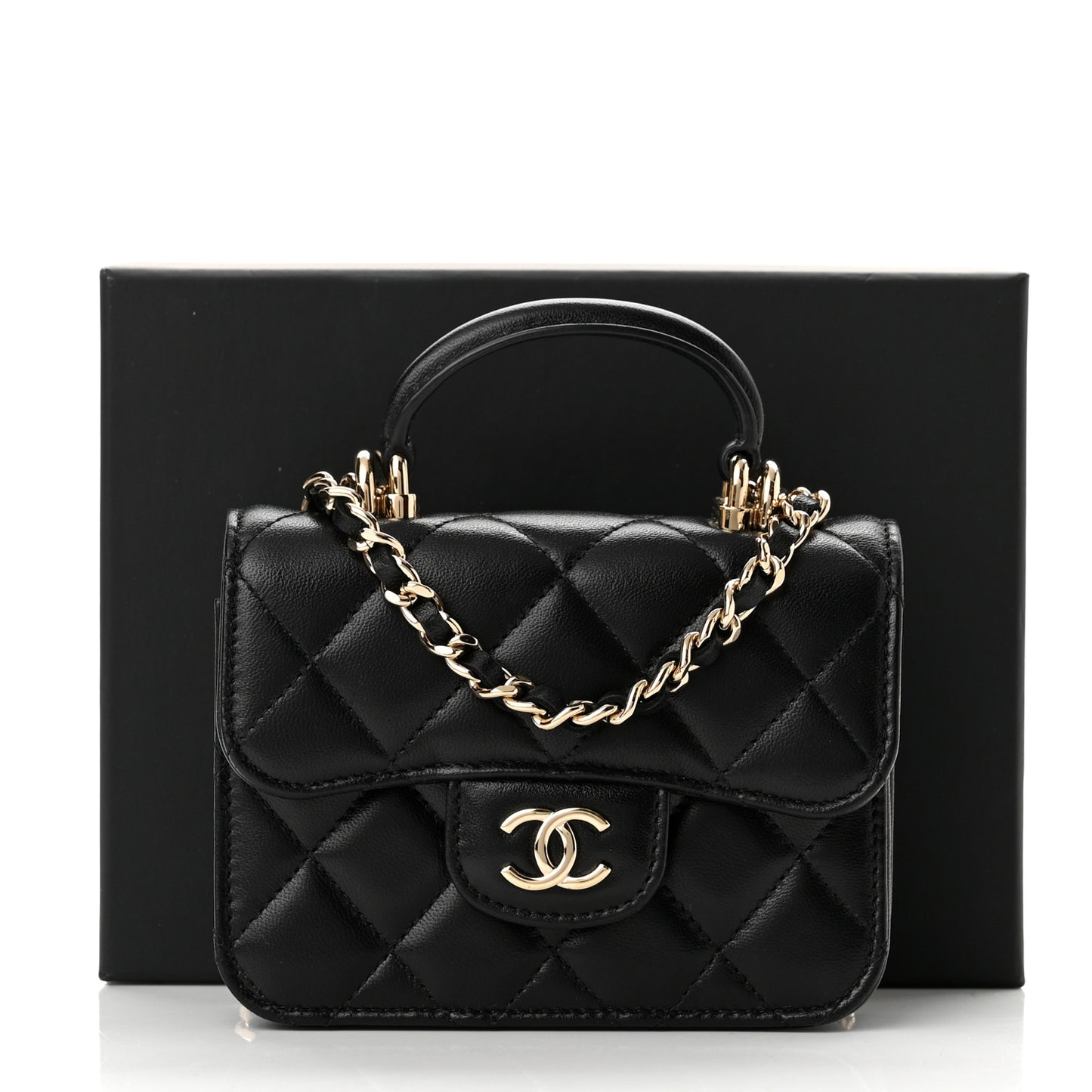 Lambskin Quilted Top Handle Flap Coin Purse With Chain Black