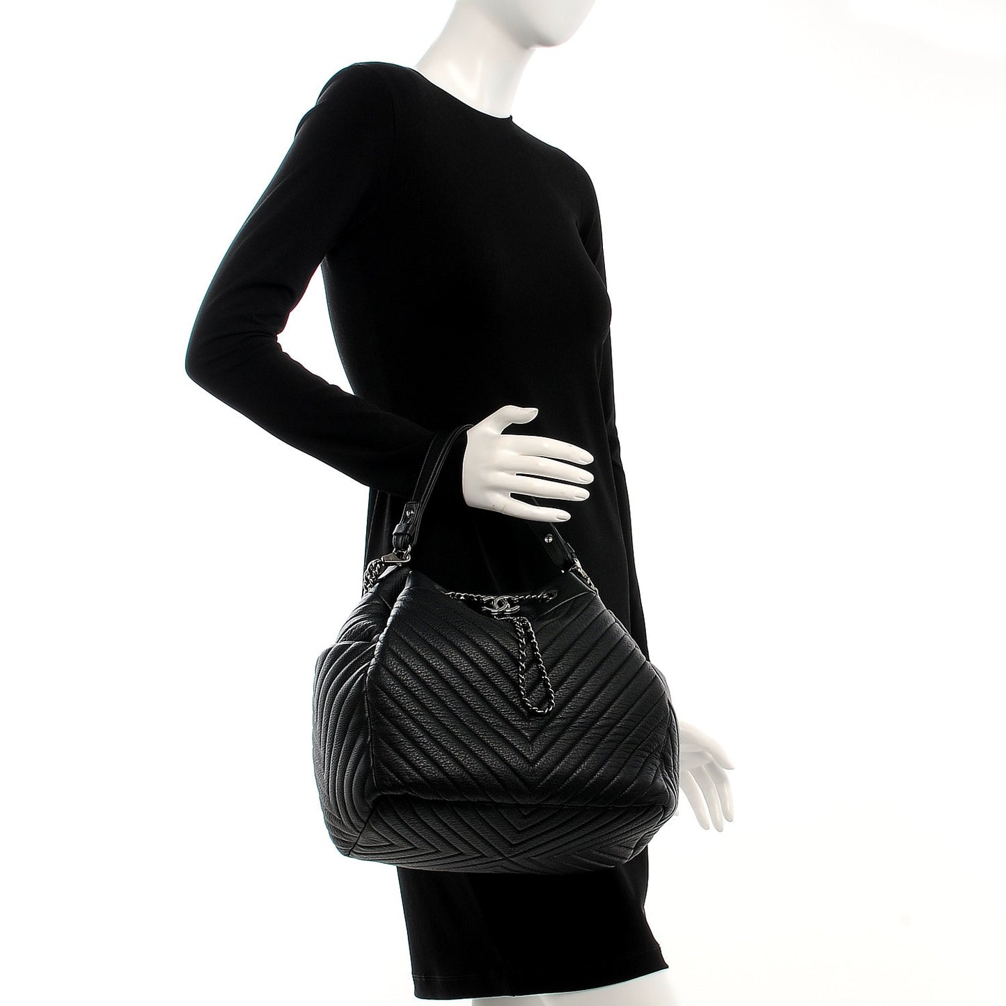 Deerskin Chevron Large CC Chain Bucket Drawstring Bag Black