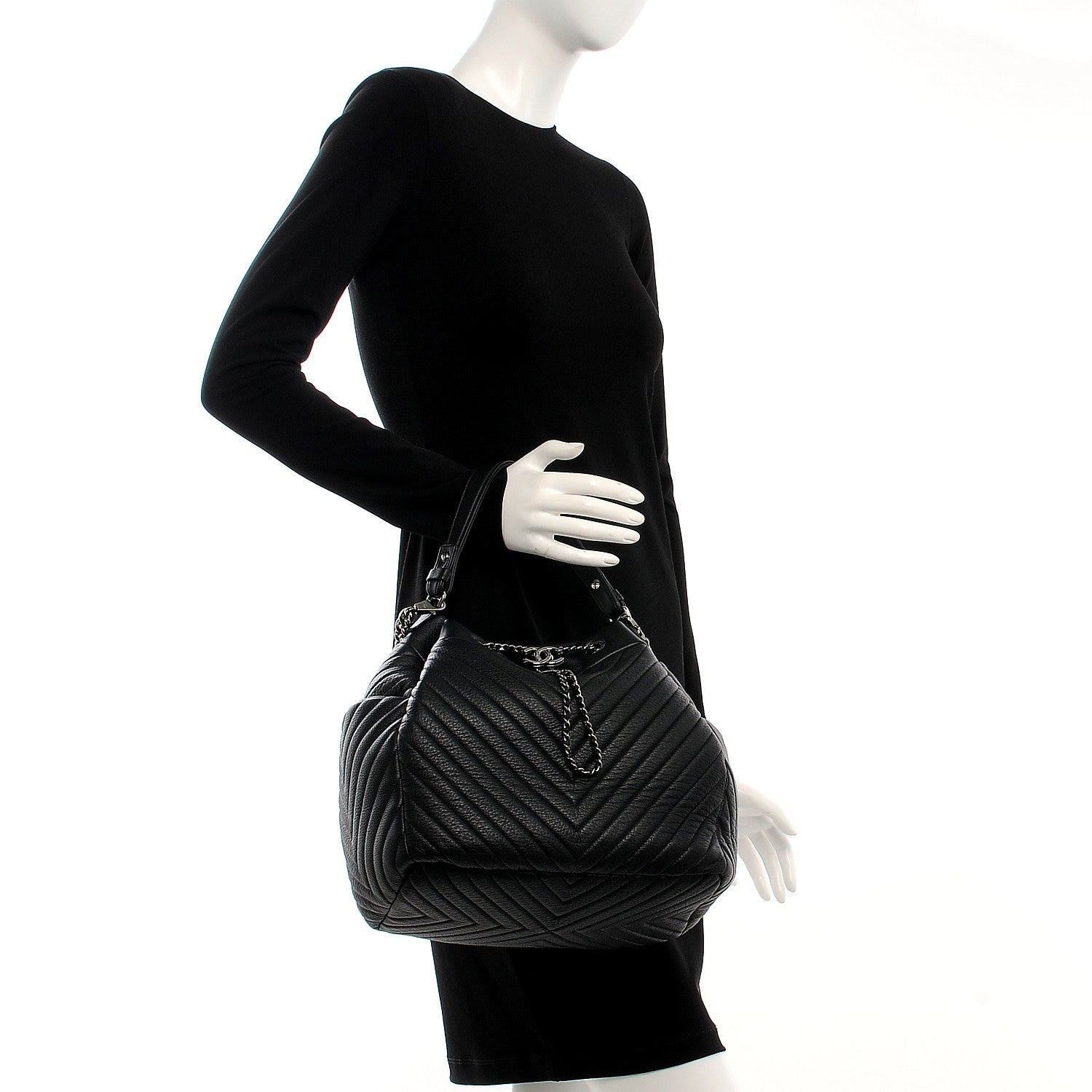 Chanel Deerskin Chevron Large CC Chain Bucket Drawstring Bag Black 3 of 8