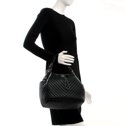 Chanel Deerskin Chevron Large CC Chain Bucket Drawstring Bag Black 3 of 8