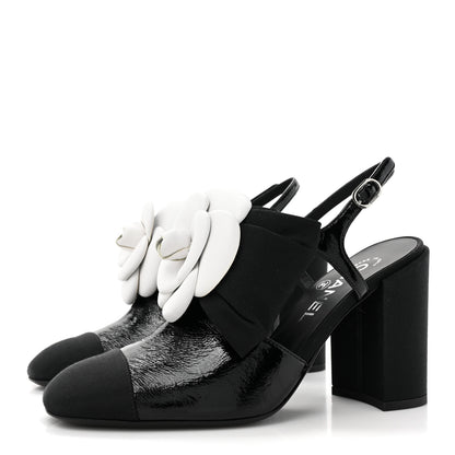 Chanel Crumpled Shiny Fabric Grosgrain Cap Toe Camellia Bow Slingback Pumps 37 Black 3 of 10