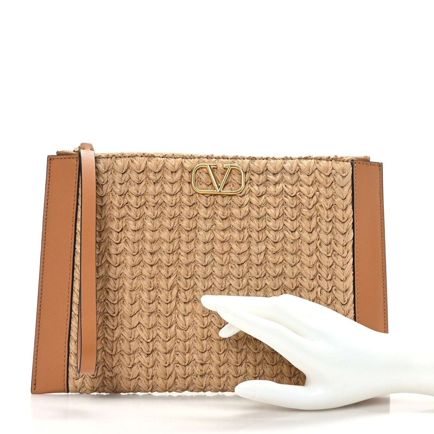 Raffia Calfskin Vlogo Zip Pouch Naturale Brown