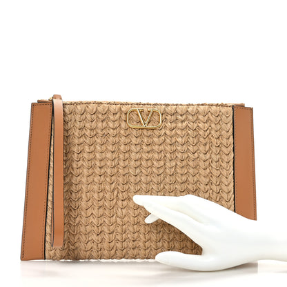 Valentino Garavani Raffia Calfskin Vlogo Zip Pouch Naturale Brown 2 of 7