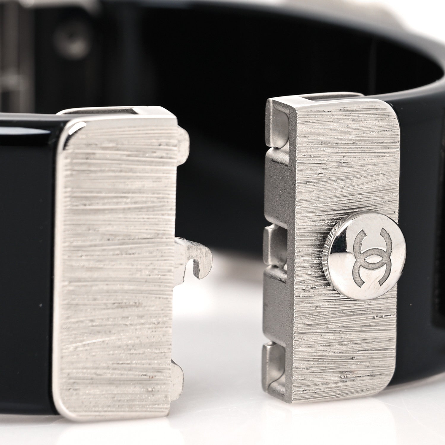 Chanel Resin Crystal CC Bow Cuff Bracelet Black Silver 4 of 5