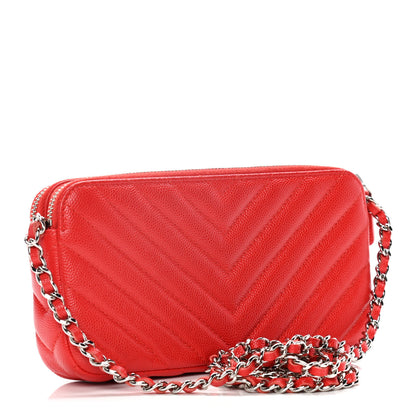 Chanel Caviar Chevron Quilted Small Clutch With Chain Light Red 3 of 17