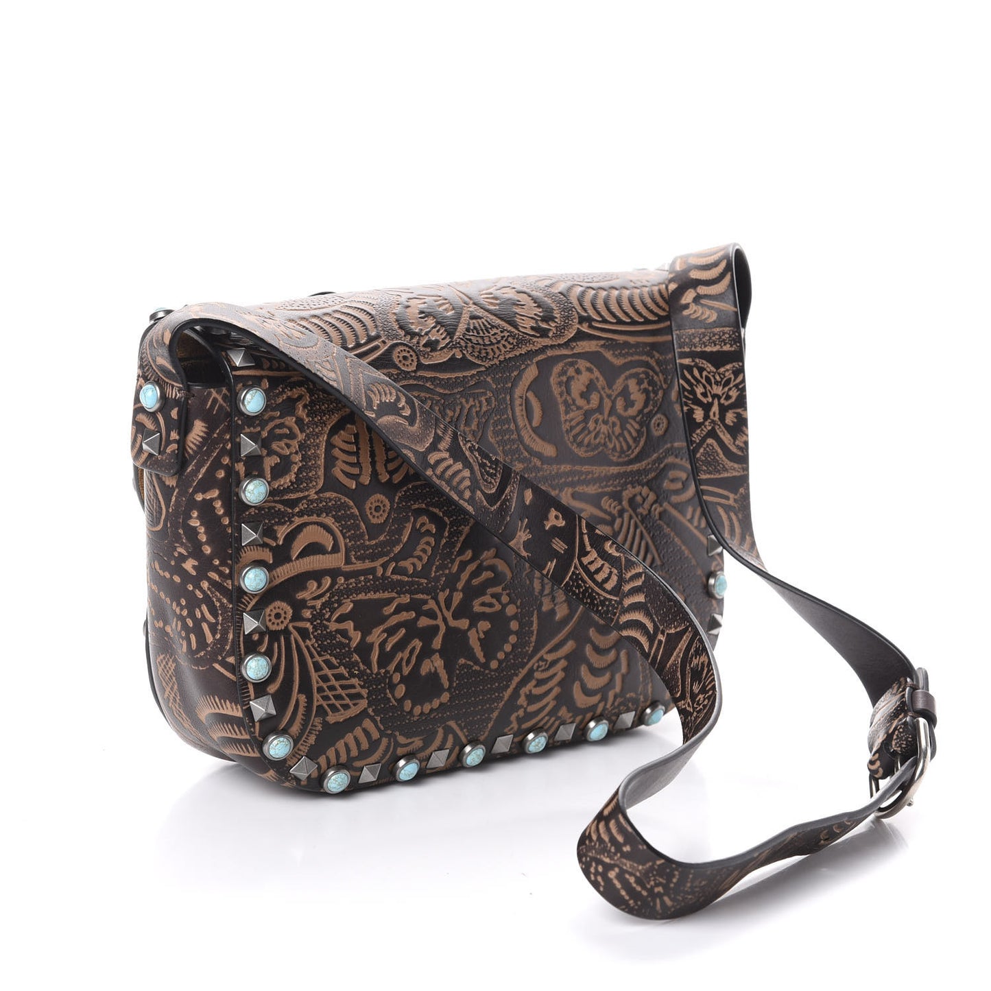 Calfskin Santeria Embossed Medium Rockstud Rolling Flap Saddle Bag Brown