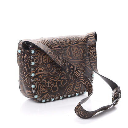 Valentino Garavani Calfskin Santeria Embossed Medium Rockstud Rolling Flap Saddle Bag Brown 3 of 9
