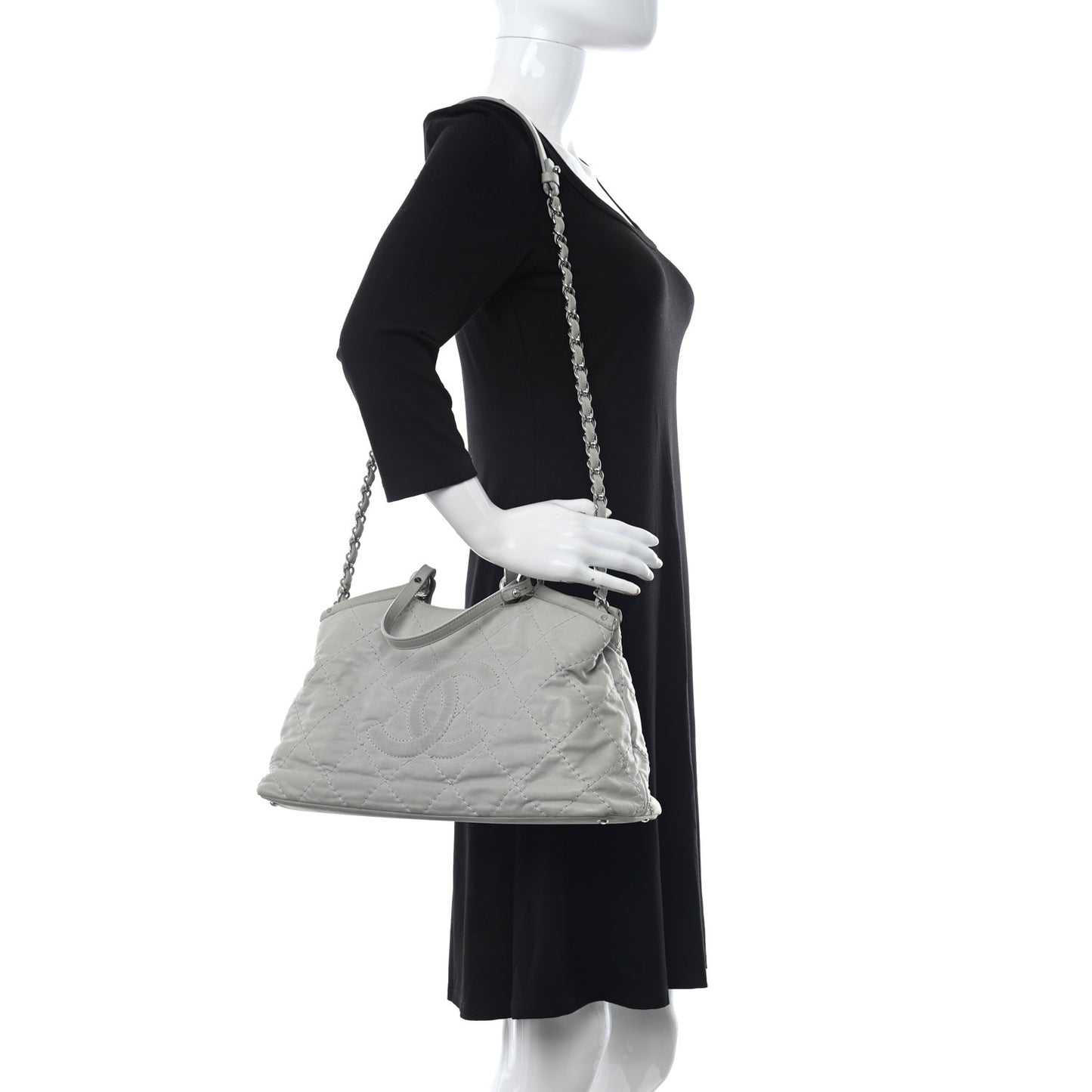 Iridescent Calfskin Diamond Stitched CC Shopping Tote Gris Clair
