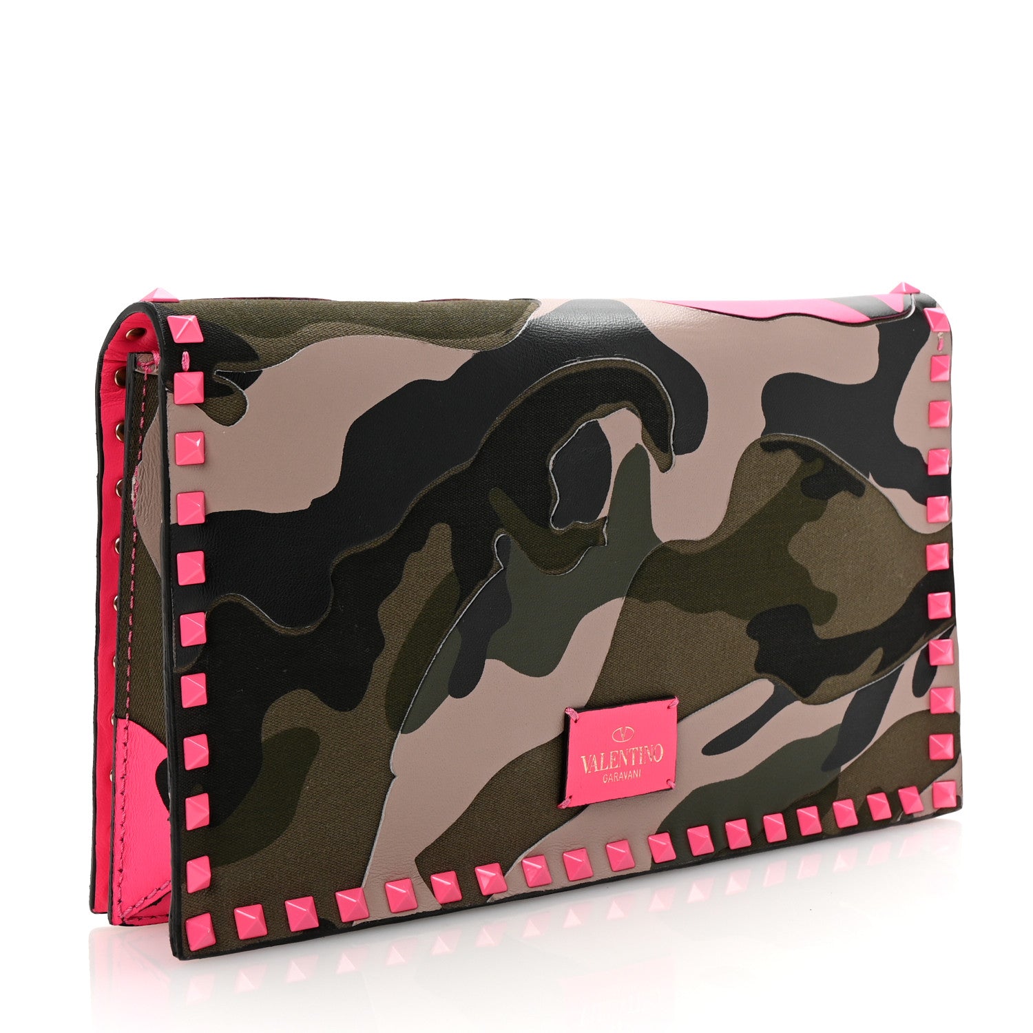 Valentino Garavani Nappa Canvas Camouflage Rockstud Wristlet Clutch Fuxia Fluo 3 of 6