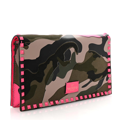 Valentino Garavani Nappa Canvas Camouflage Rockstud Wristlet Clutch Fuxia Fluo 3 of 6