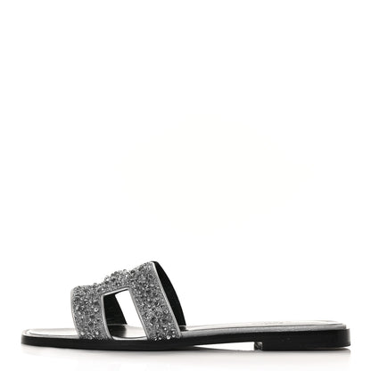 Hermes Velvet Goatskin Crystal Beads Oran Sandals 37.5 Gris Argente 1 of 8