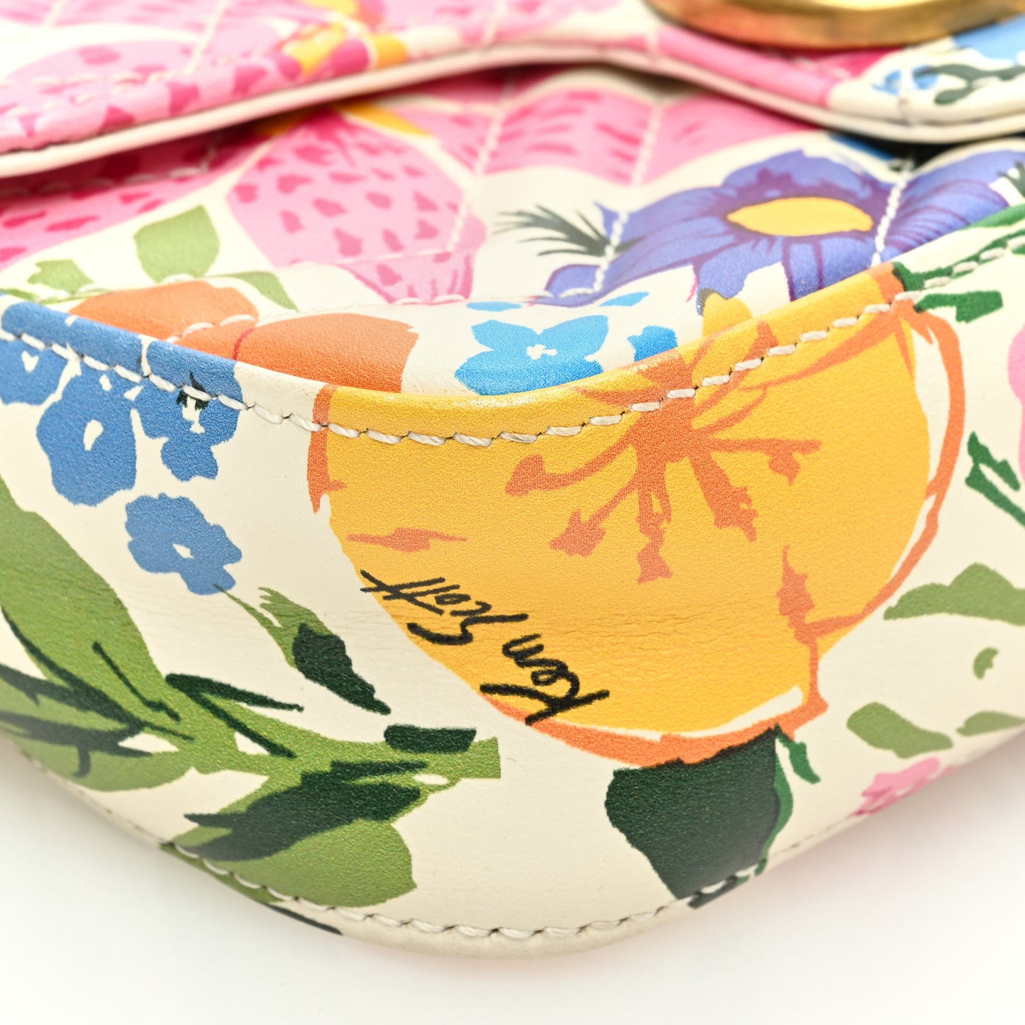 X KEN SCOTT Calfskin Matelasse Floral Print Super Mini GG Marmont Shoulder Bag Ivory Pink